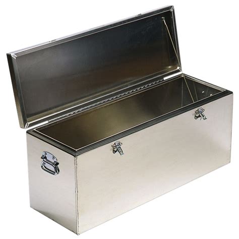 large metal storage box with hinged lid|rectangular metal box with lid.